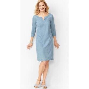 NWT Talbots Chambray Blue Shift Dress Sz 10P Petite Scalloped Hem Casual Office